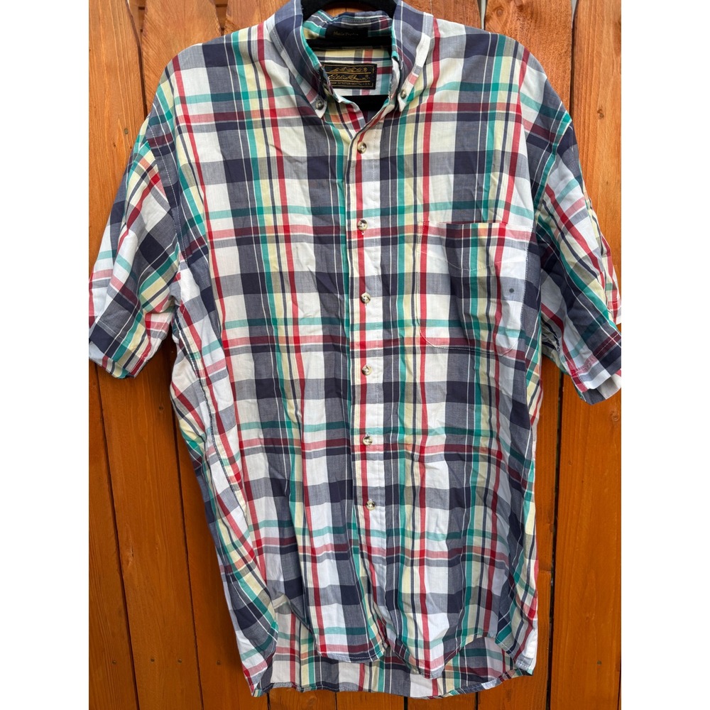 Eddie Bauer Mens Vintage Plaid Marin Poplin Short Sleeve Button Down Shirt M